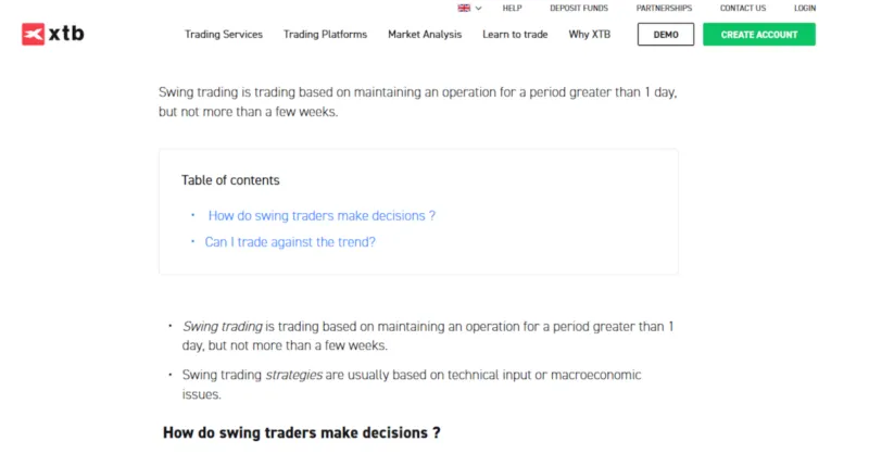 XTB Website mit Infos zum Swing Trading
