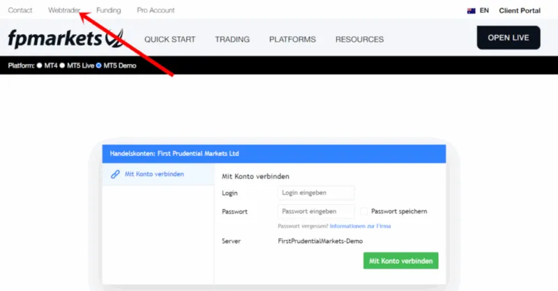 Zugang zu MT4 und MT5 über das FP Markets Web-Terminal