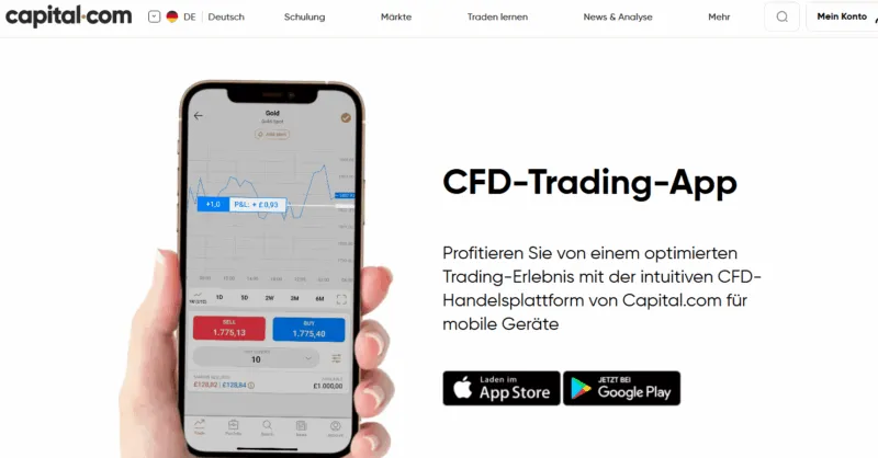 Capital.com Website mit Info zur App