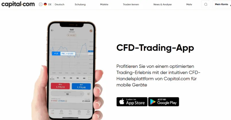 Capital.com Website mit Info zur Daytrading App