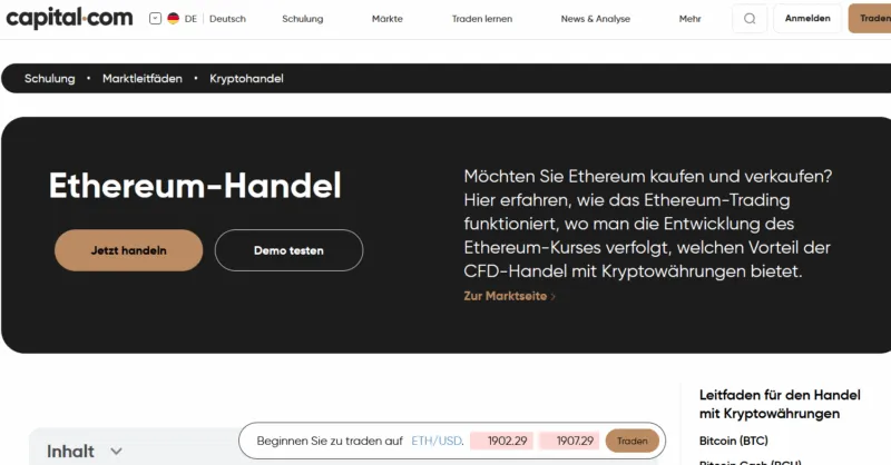 Capital.com Website mit Infos zu Ethereum