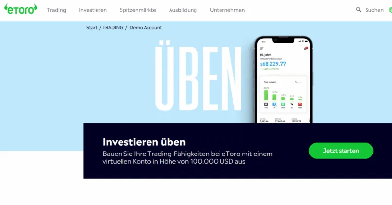 Aktien Demokonto eröffnen auf der eToro Website