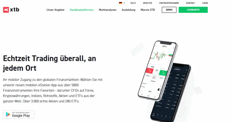XTB Website mit Infos zur Krypto App