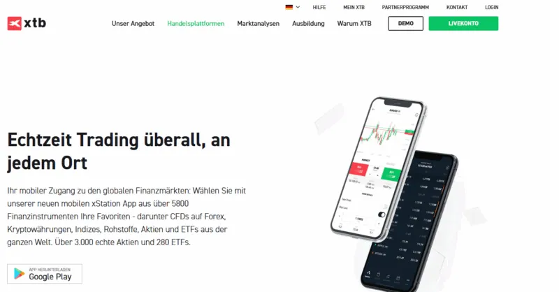 XTB Website mit Info zur Daytrading App