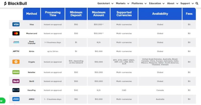 Ausschnitt der verfügbaren Zahlungsmethoden bei BlackBull Markets