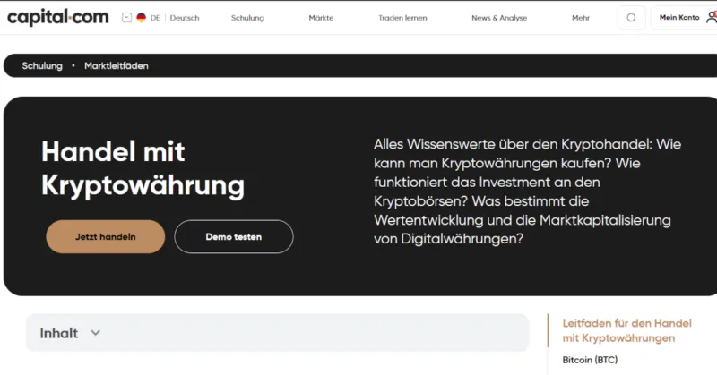 Capital.com Website mit Infos zum Krypto Handel