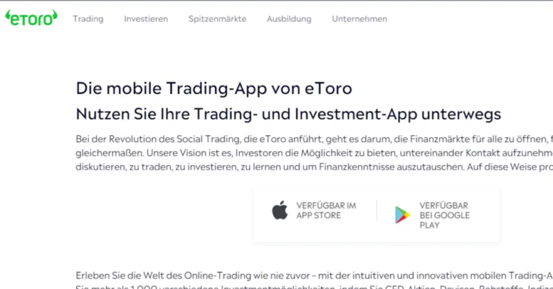 eToro Website mit Infos zur Trading App