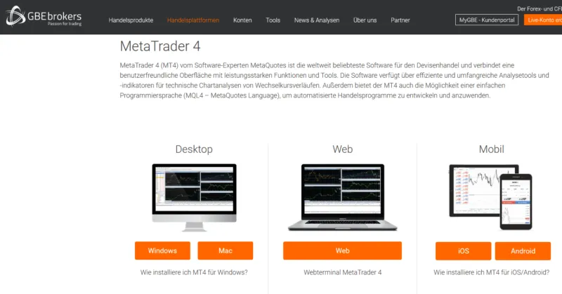 GBE Brokers Website mit Info zu MT 4