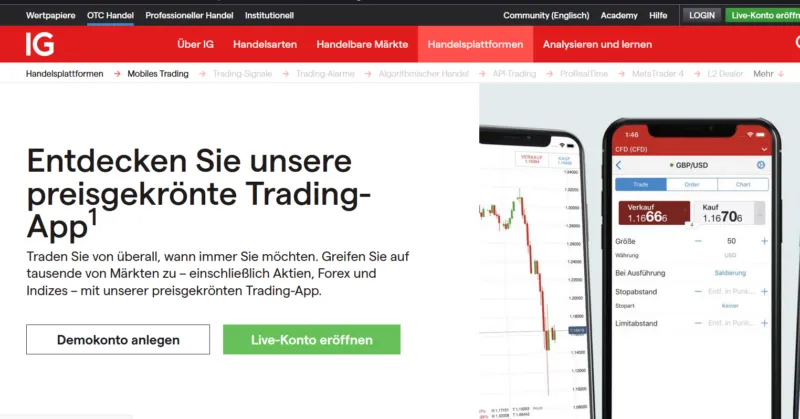 IG Website mit Info zur ETF App
