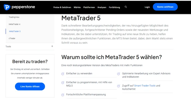 Pepperstone Website mit Info zu MT5