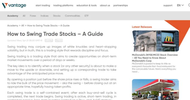 Vantage Markets Website mit Info zu Swing Trading
