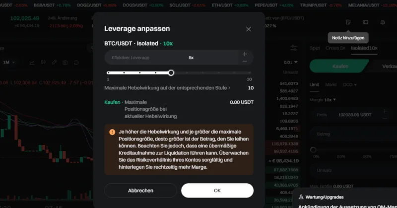 Hebel-Auswahl bim Krypto Trading bei Bitget