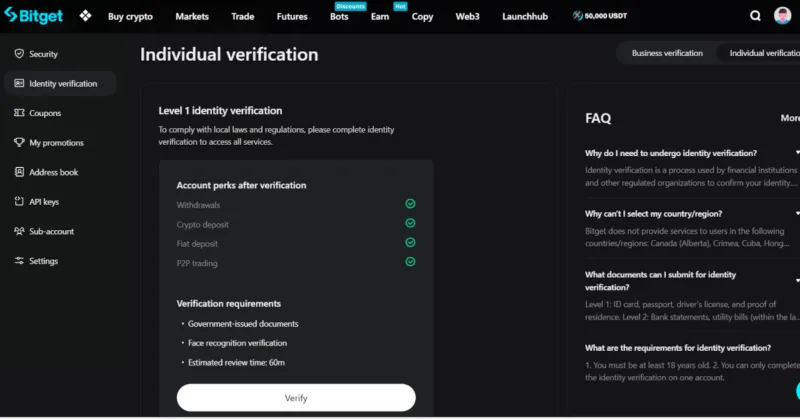 Verfizierungsbereich bei Bitget
