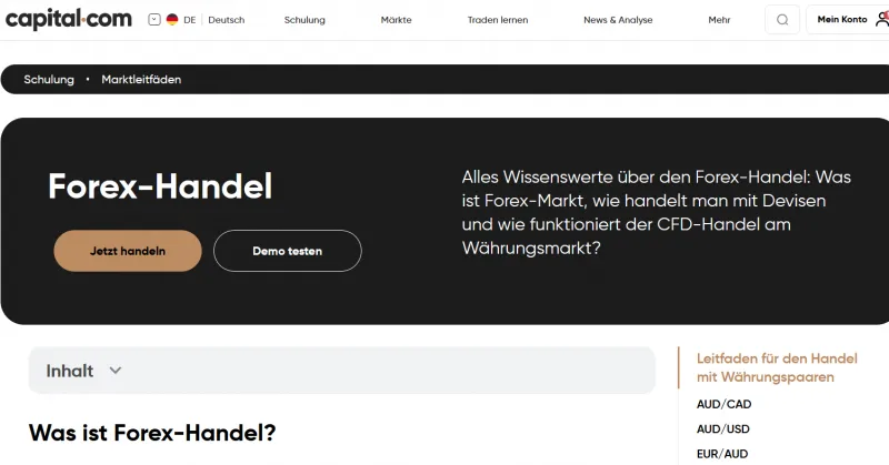 Capital.com Website mit Forex Konto Eröffnung
