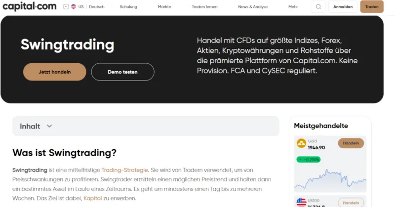 Capital.com Website mit Info zu Swing Trading