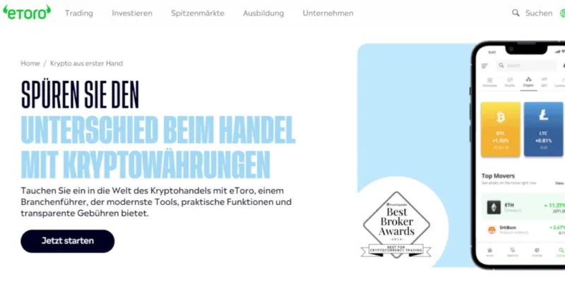 eToro Website mit Infos zum Krypto-Handel