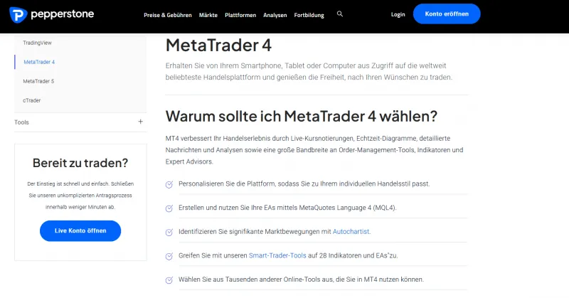 Pepperstone Website mit Info zu MT4