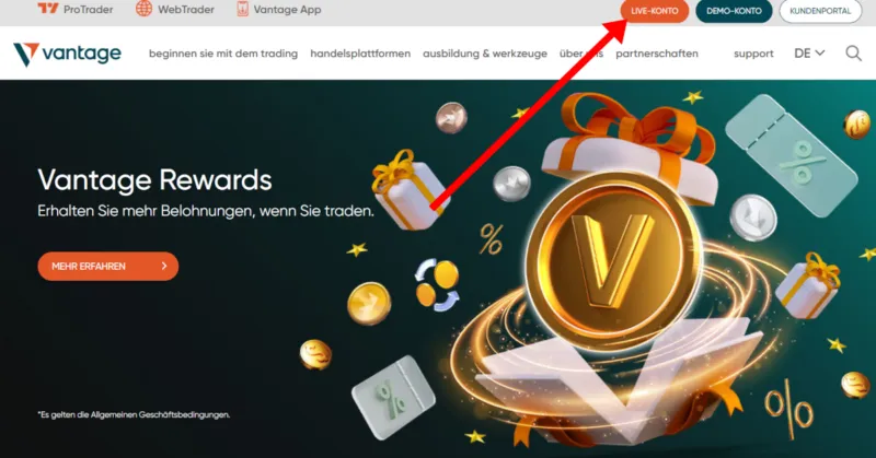 Eröffnung eines Trading Konto auf der Vantage Markets Website