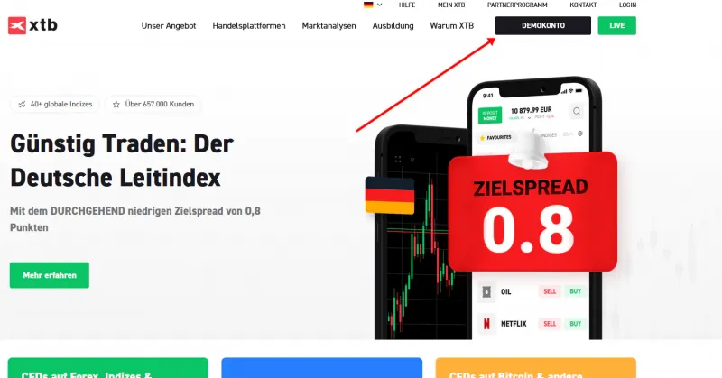Aktien Demokonto eröffnen auf der XTB Website