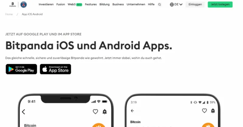 Bitpanda Website mit Infos zur Bitcoin Trading App