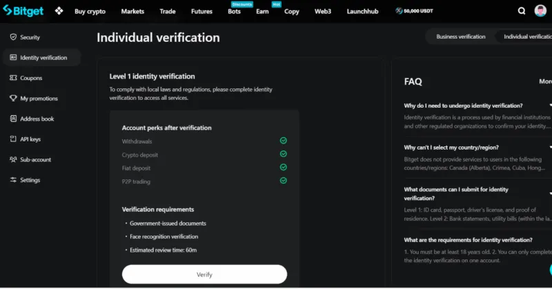 Verfizierungsbereich bei Bitget