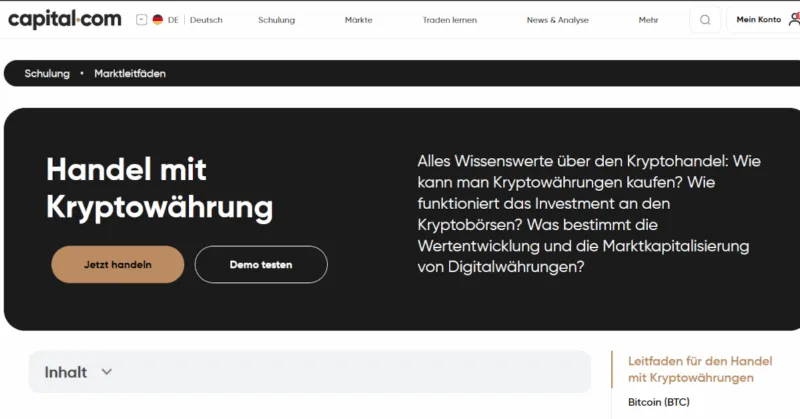 Capital.com Website mit Infos zum Krypto Trading