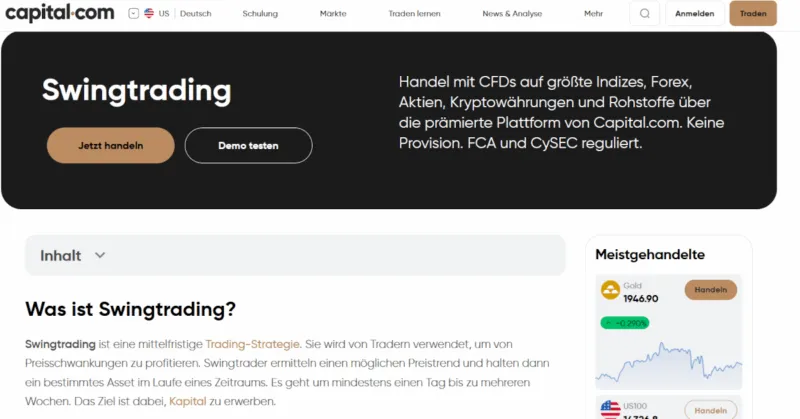 Capital.com Website mit Info zu Swing Trading