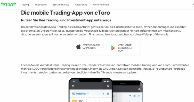 eToro Website mit Info zur Aktien App