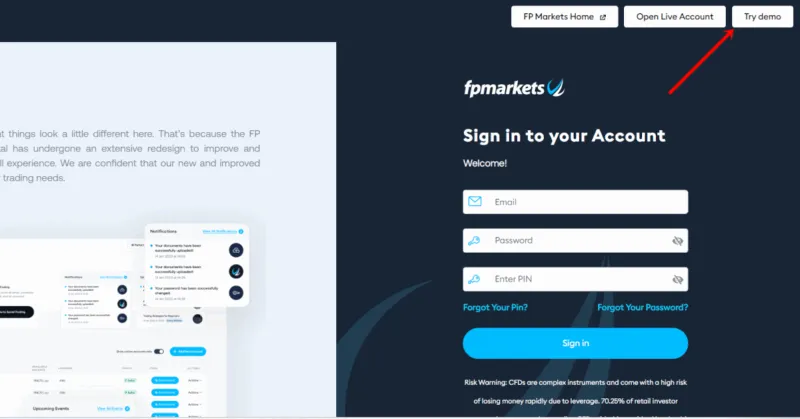 Eröffnung eines Trading Demokontos bei FP Markets