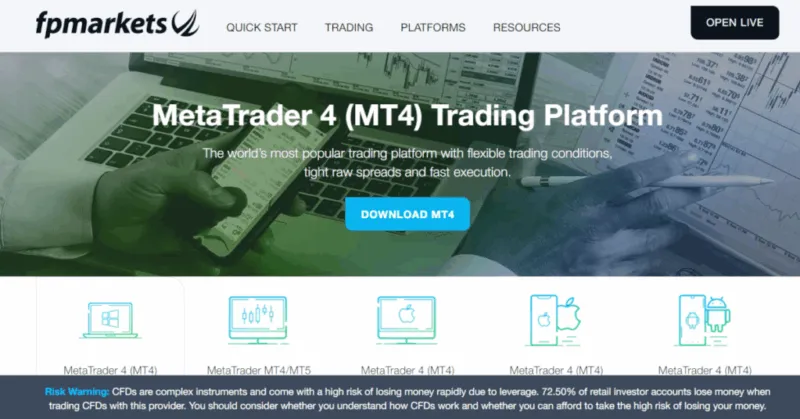 FP Markets Website mit Infos zur MT4 Schnittstelle