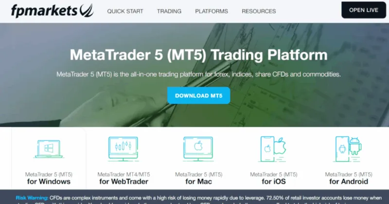 FP Markets Website mit Infos zur MT5 Schnittstelle