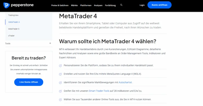 Pepperstone Website mit Info zu MT4