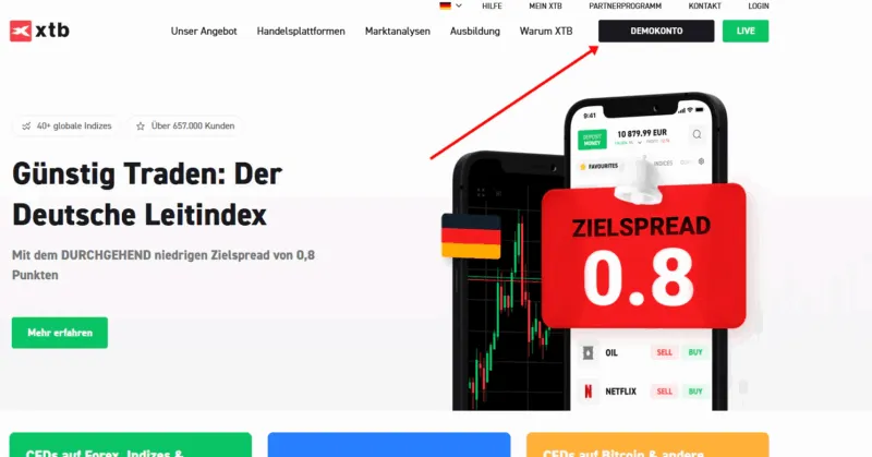 XTB Website mit CFD Demokontoeröffnung