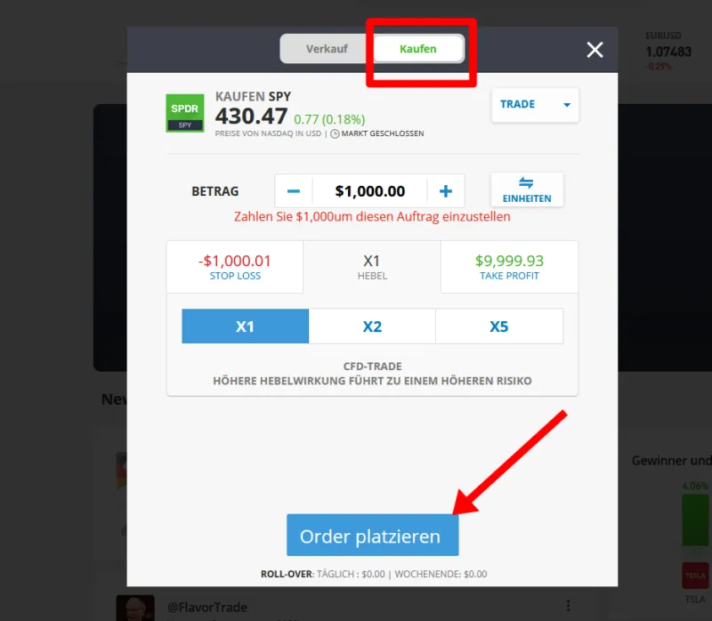 Kauforder für einen S&P 500 ETF bei eToro