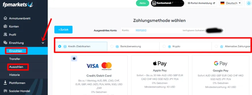 Zahlungsmenü bei FP Markets