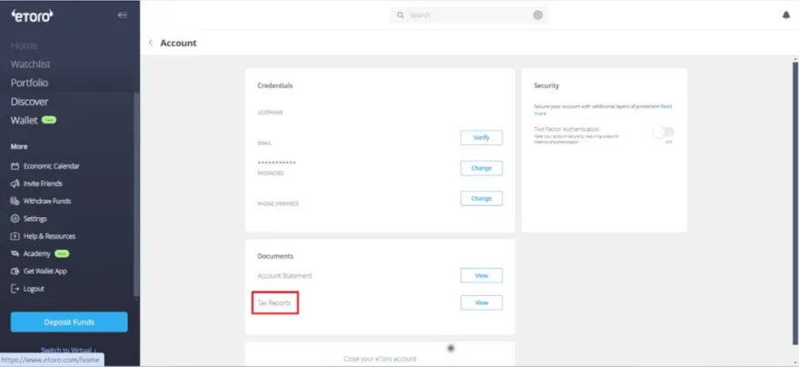 eToro Steuerreport im Nutzermenü