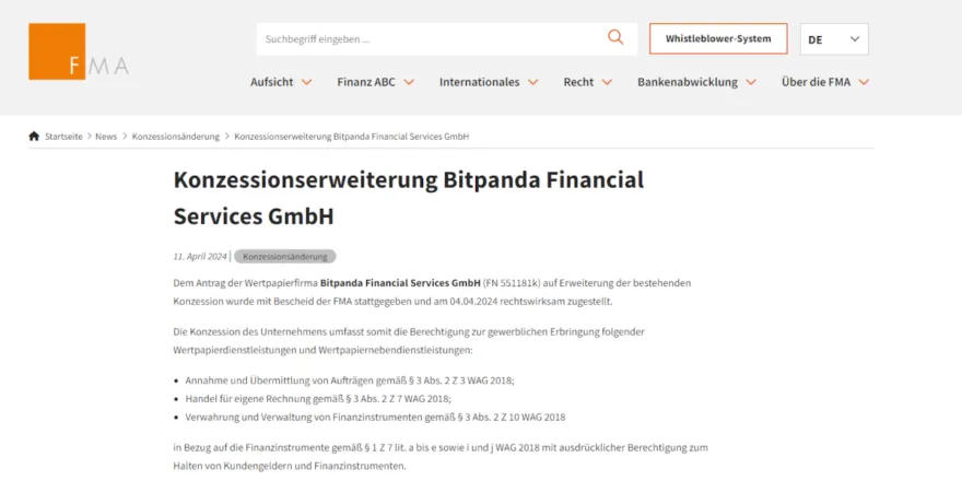 Informationen zur Bitpanda-Lizenz auf der Website der FMA