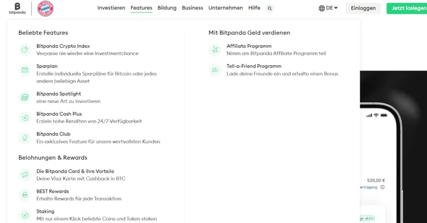 Auflistung der Bitpanda Features auf der Website
