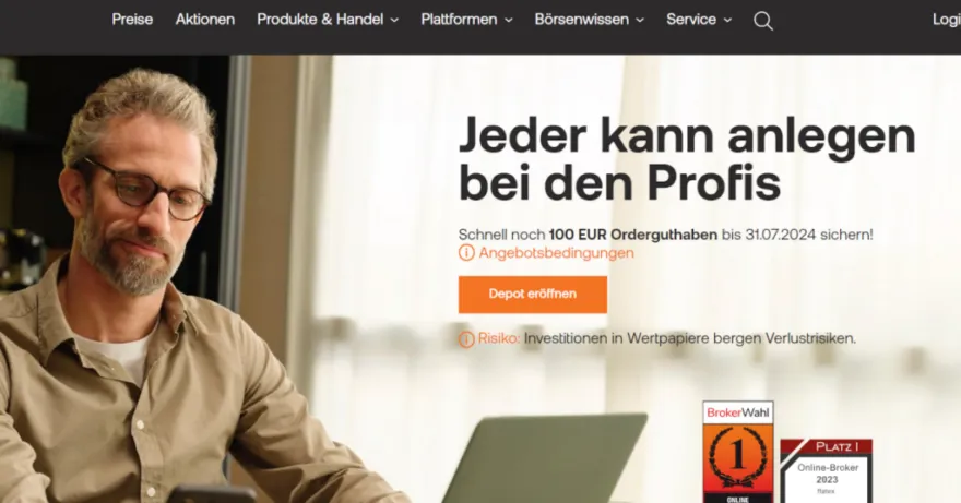 Homepage der Flatex Website mit Unternehmensmotto