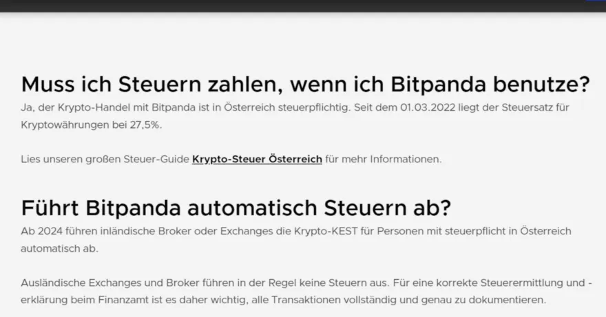 Infos zur Besteuerung von Krypto-Gewinnen auf der Bitpanda Website