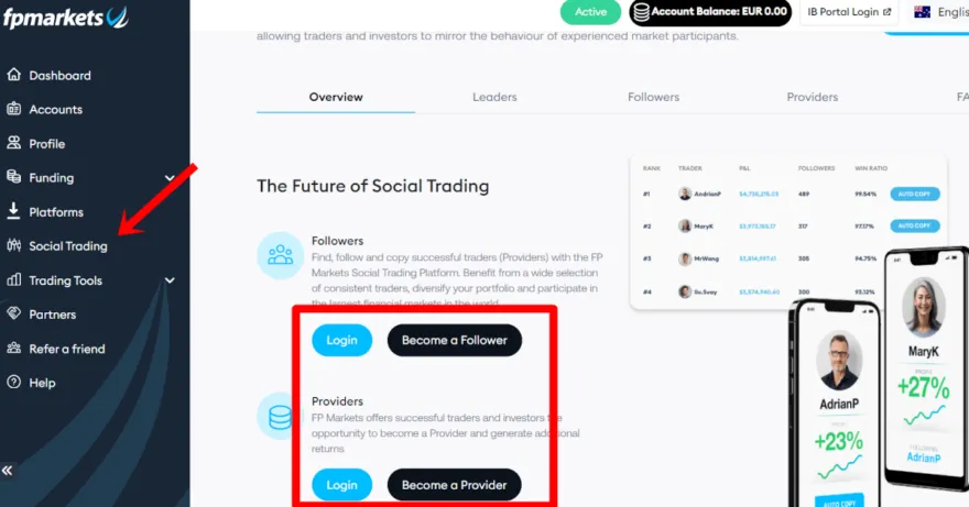 Eröffnung eines Social Trading Kontos im Hauptmenü von FP Markets