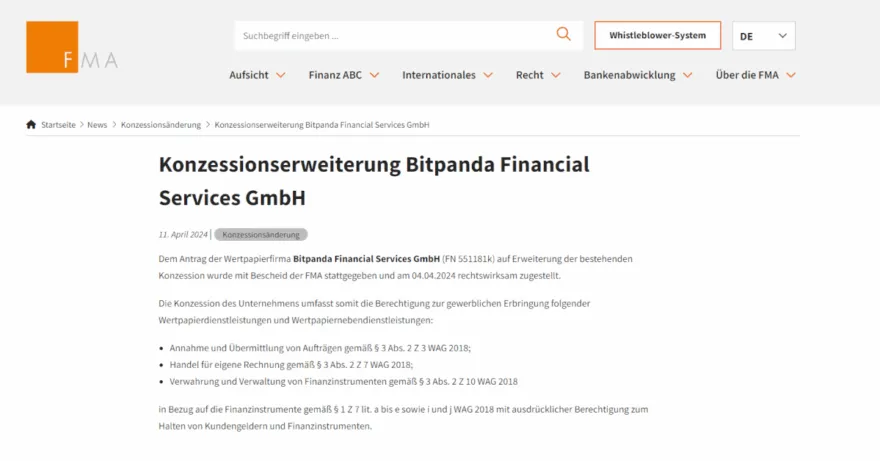 Informationen zur Bitpanda-Lizenz auf der Website der FMA