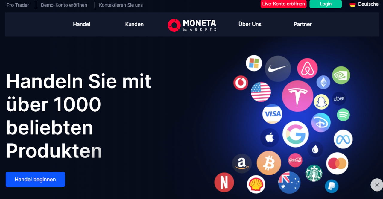 Moneta Markets Webseite, Broker mit Hebel bis 1:1000