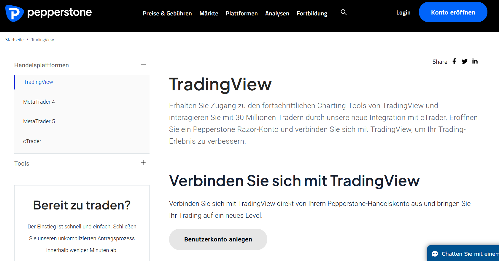 Pepperstone Website mit Anbindung zu TradingView