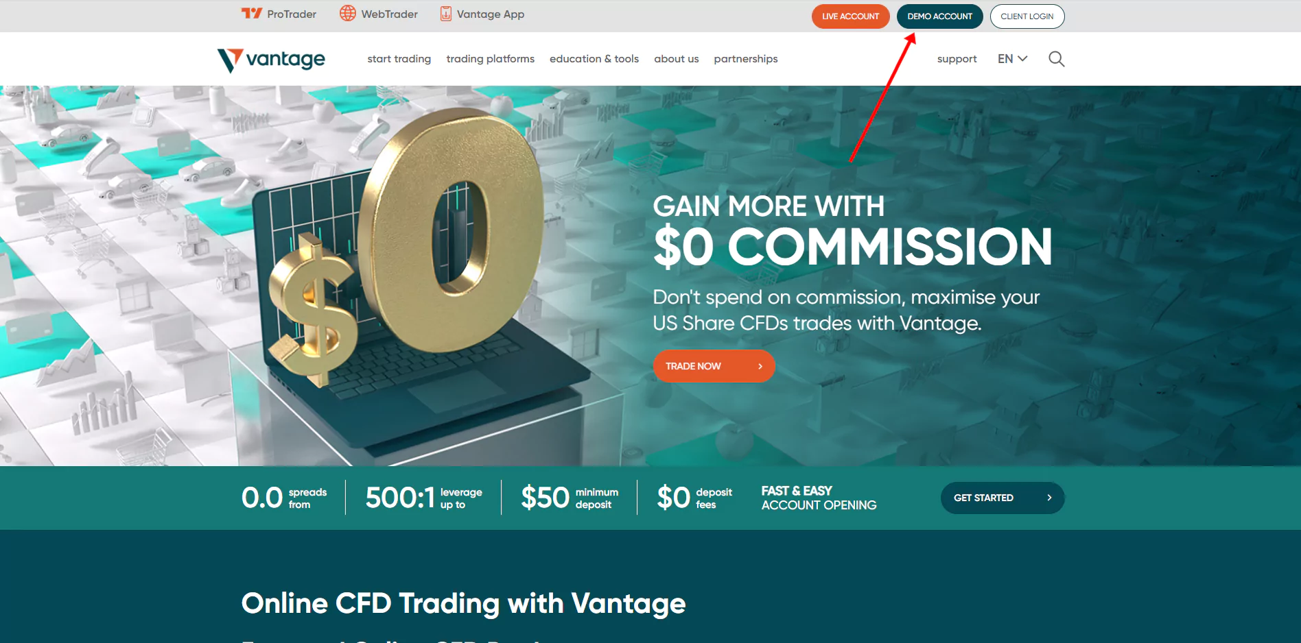 Website von Vantage Markets mit CFD Demokontoeröffnung
