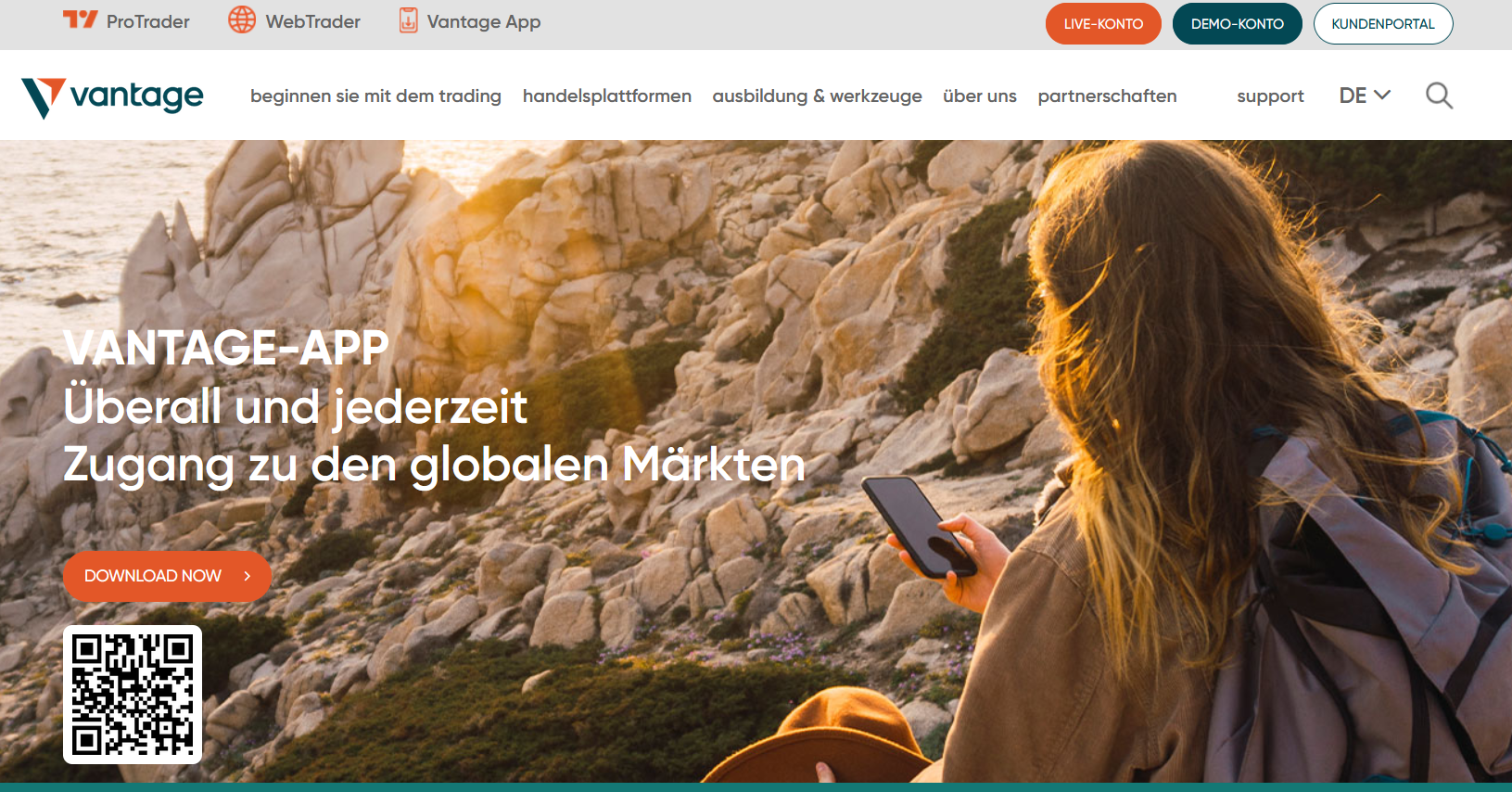 Vantage Markets Website mit Info zur Forex App