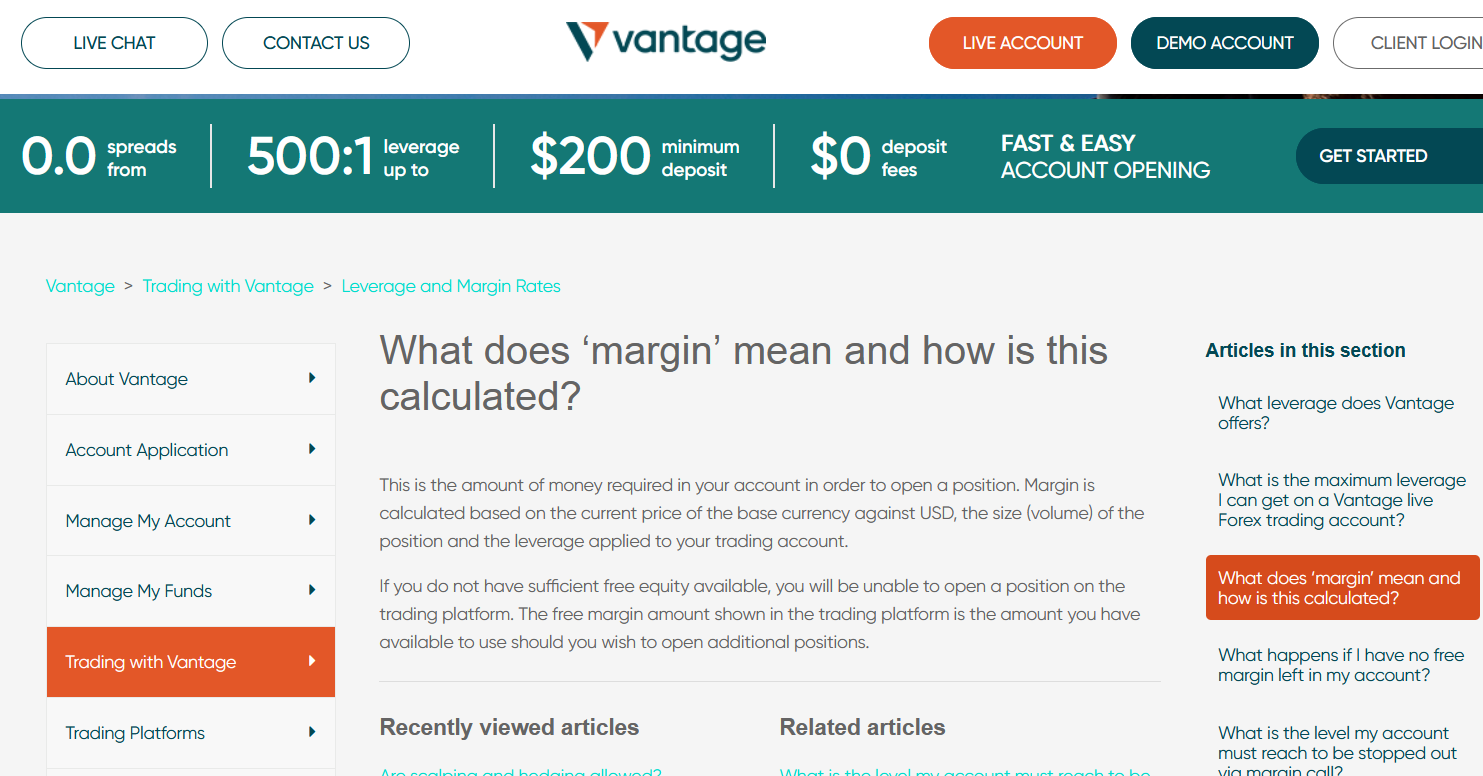 Vantage Markets Website mit Info zum Margin Trading