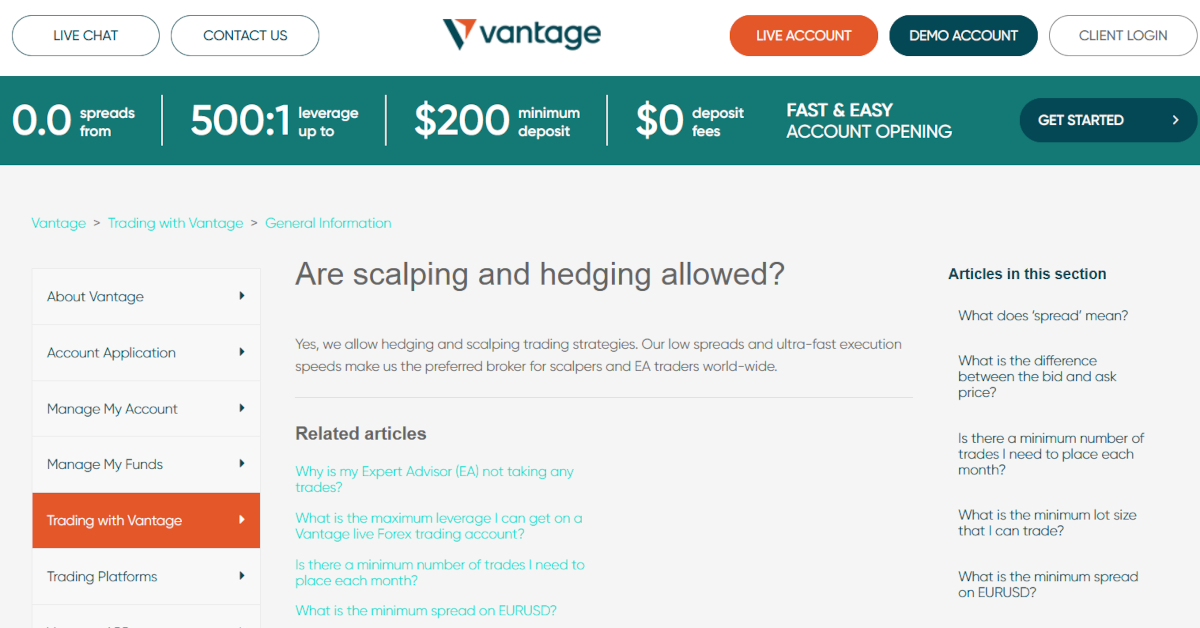Vantage Markets Website mit Info zu Scalping