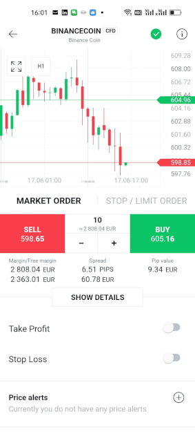 Binance Coin Chart mit Ordermenü in der XTB Krypto App