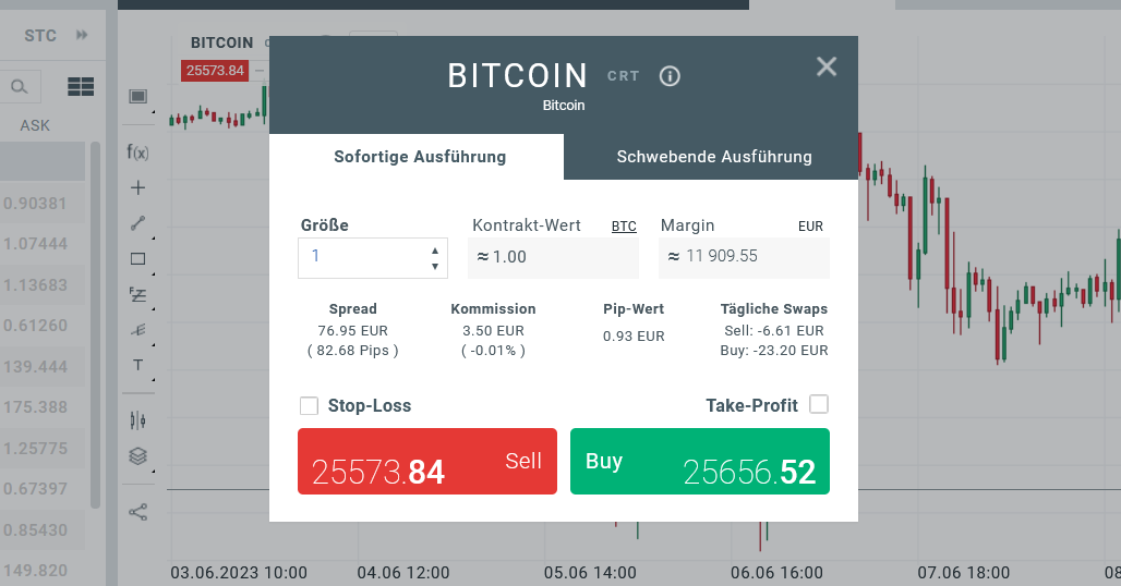 Bitcoin Trade in der Ordermaske des XTB Trading Demokonto